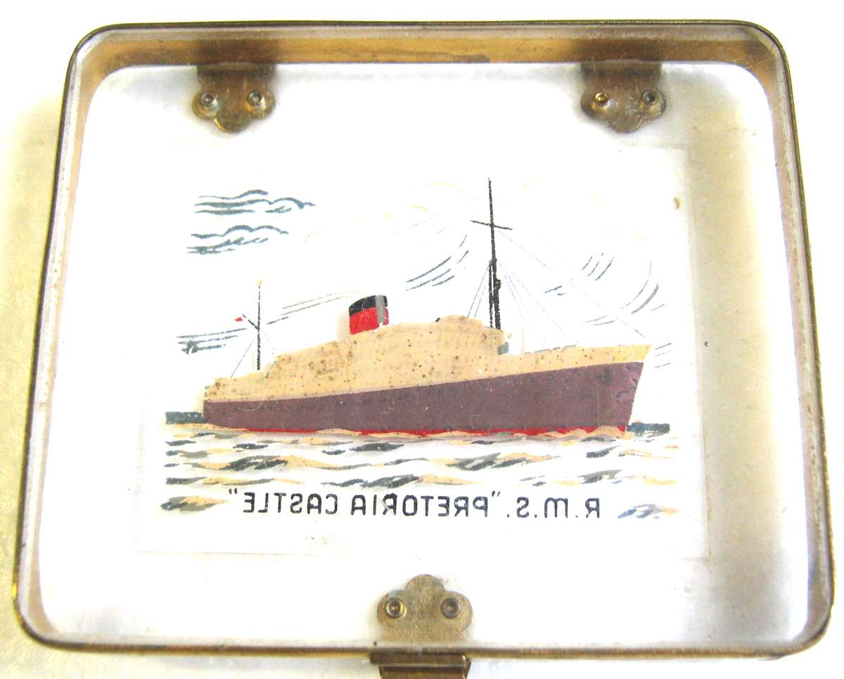 UNION CASTLE "RMS PRETORIA CASTLE" LUCITE TRINKET BOX 9.5 X 8 CM