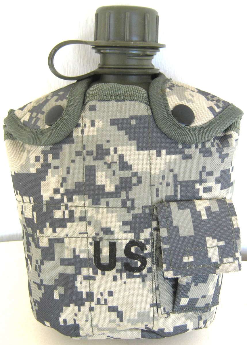 U.S.ARMY WATER BOTTLE WITH CAMO COVER AND FIRE BUCKET STILL IN IT'S WRAPPING SO UNUSED