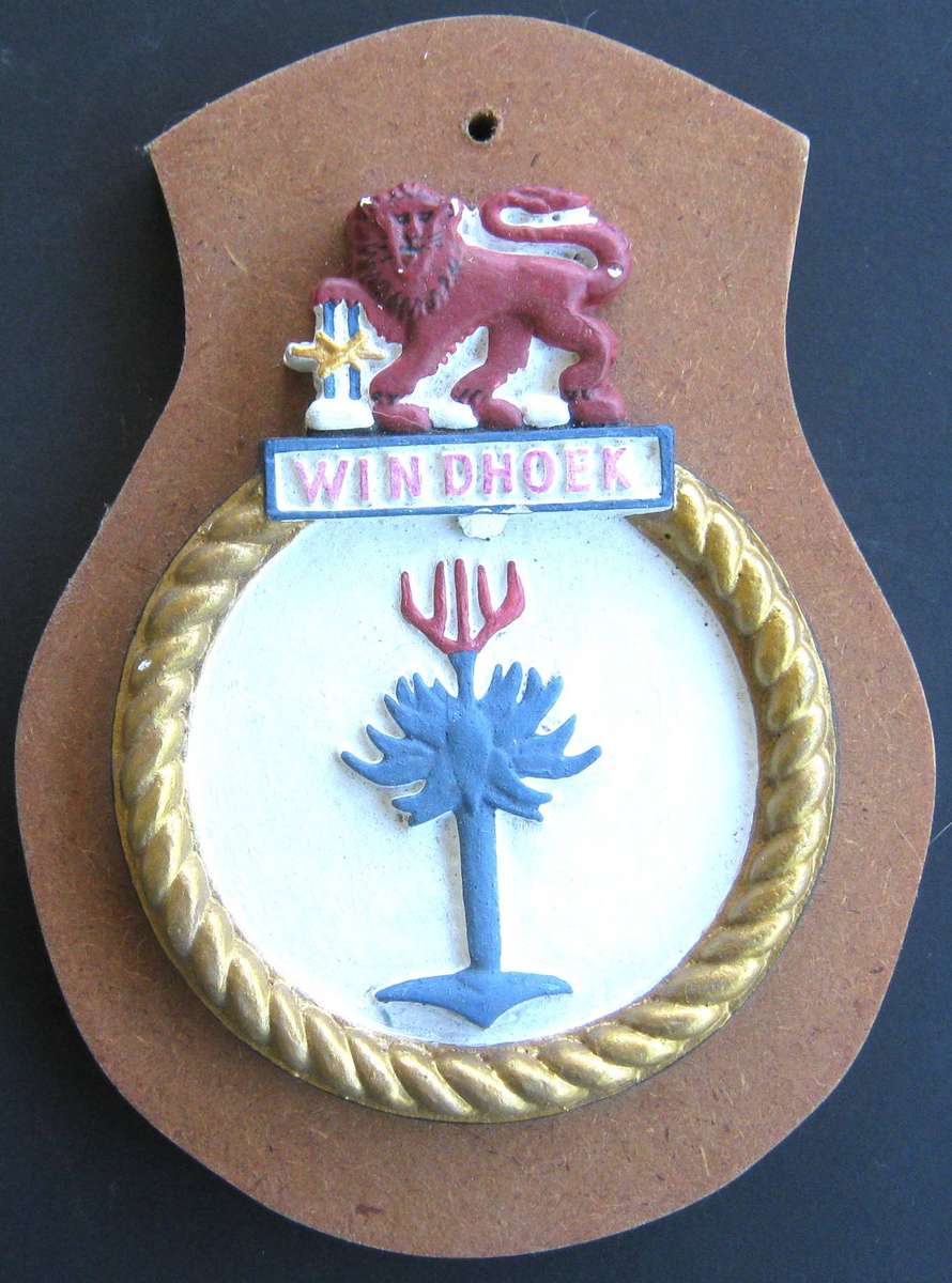 OLD S.A. NAVY SAS WINDHOEK PLASTER BADGE ON WOODEN BACKING IN VERY GOOD CONDITION
