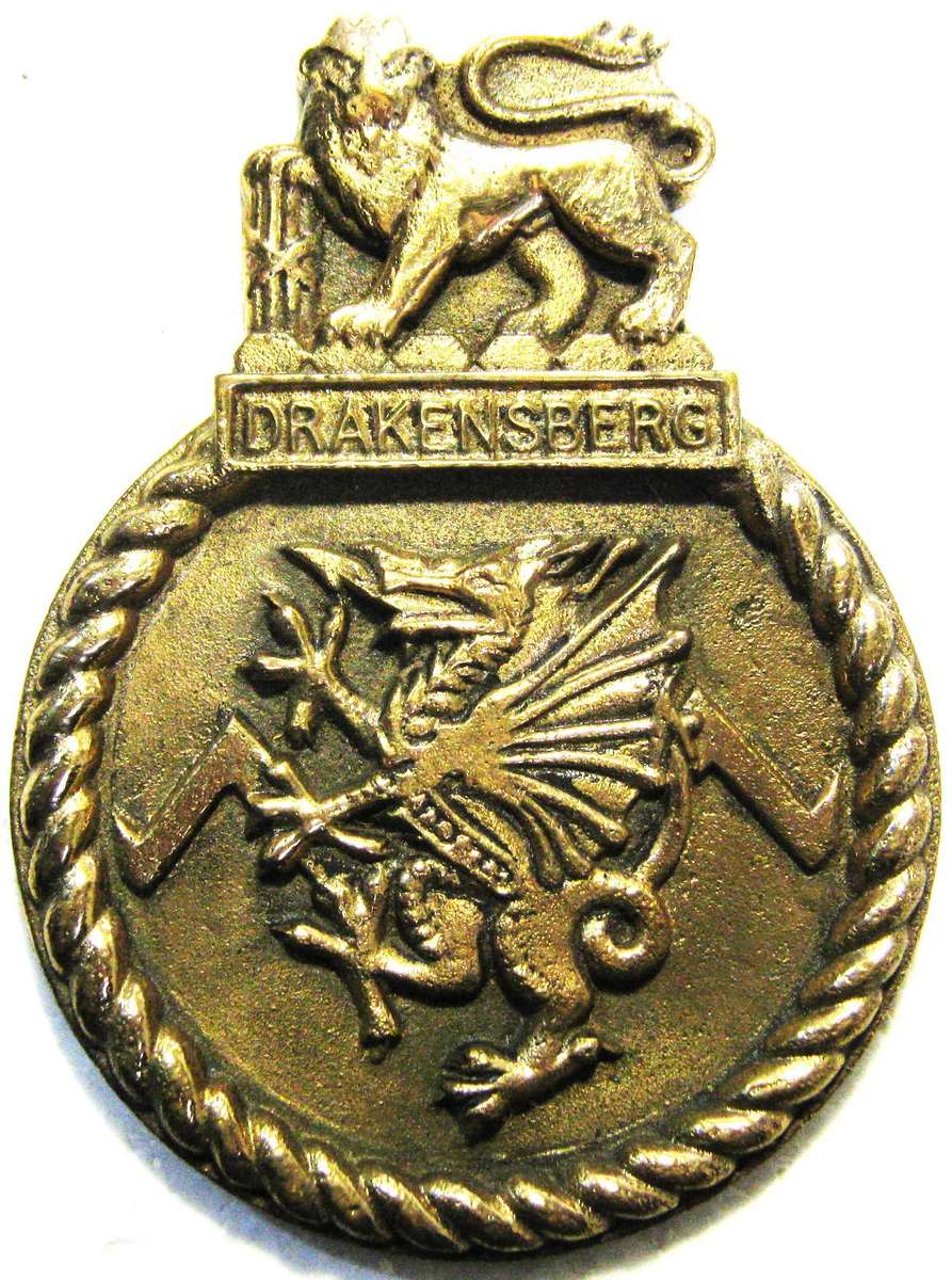 OLD S.A. NAVY SAS DRAKENSBERK SOLID BRASS SHIPS BADGE 15 X 11 CM IN VERY GOOD CONDITION