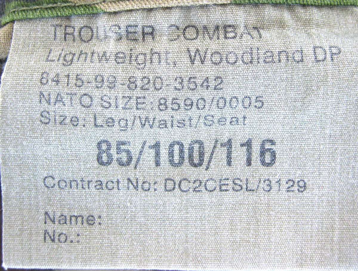 GENUINE WOODLANDS DPM COMBAT PANTS SIZE 40 IN GOOD CONDITION - ZIP & BUTTONS INTACT DIMENSIONS BELOW