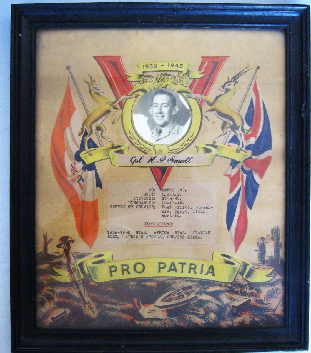 WW2 SAAF CERTIFICATE OF SERVICE FOR CPL H.A. SMALL 34 x 29 CMS IN VERY GOOD CONDITION