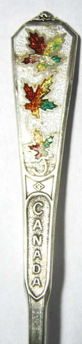 STERLING SILVER AND ENAMEL COLLECTABLE CANADA TEA SPOON 6 GMS WITH "BANFF" ENGRAVED  9.5 CM