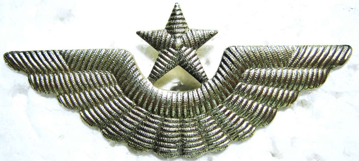 SOVIET USSR AIR FORCE CAP BADGE WITH PINS 7 X 3 CM IN VERY GOOD USED CONDITION