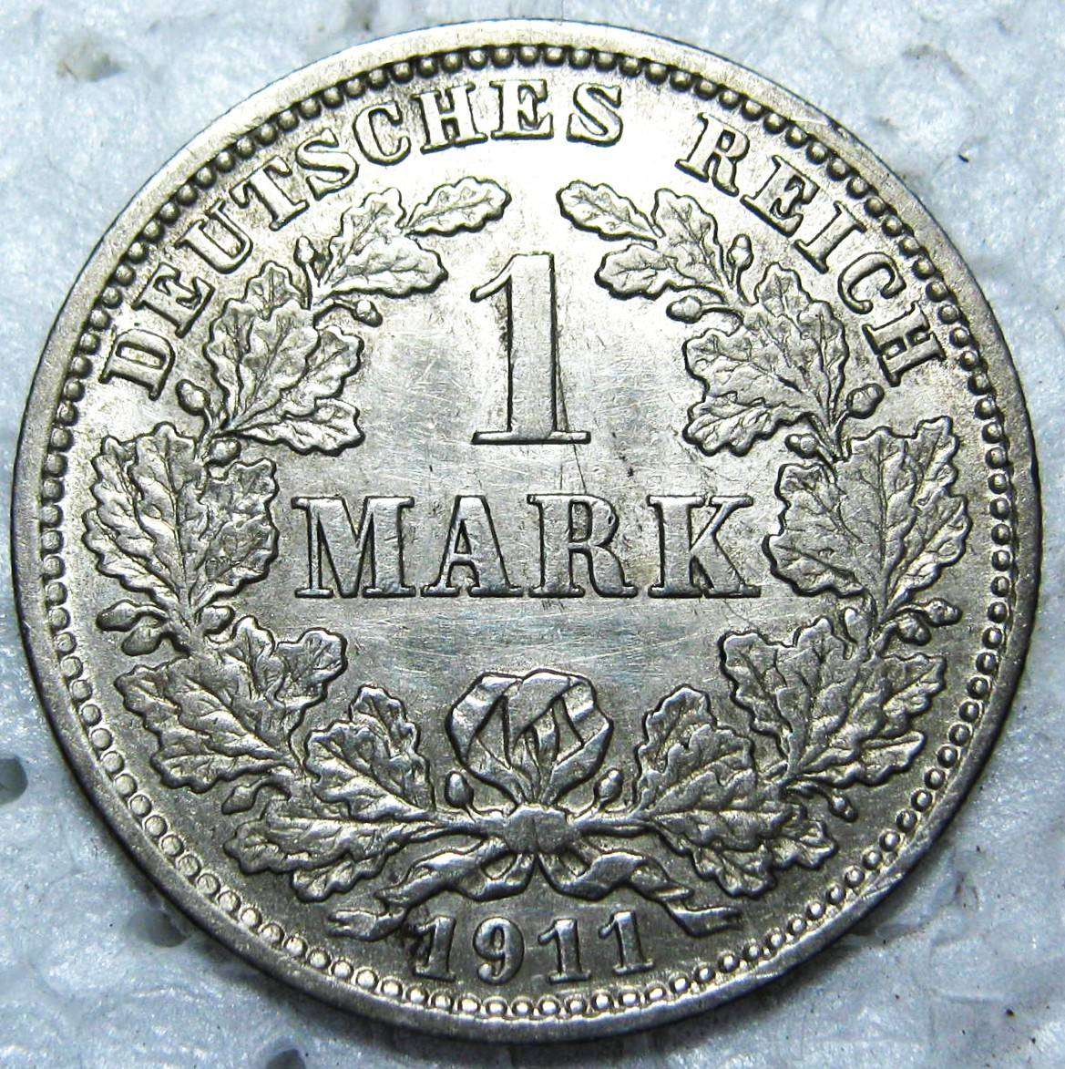 1911 J GERMAN SILVER 1 MARK 90%  5.56 GM IN VERY GOOD CIRCULATED CONDITION