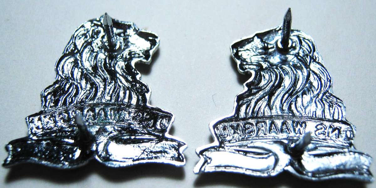 SADF REGIMENT DE LA REY CHROME COLLAR BADGES WITH PINS IN VERY GOOD CONDITION