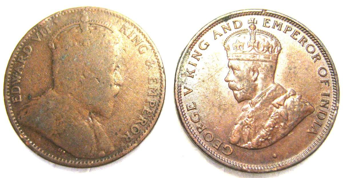 1904 CEYLON EDWARD VII AND 1914 GEORGE V ONE CENT PIECES IN USED CONDITION