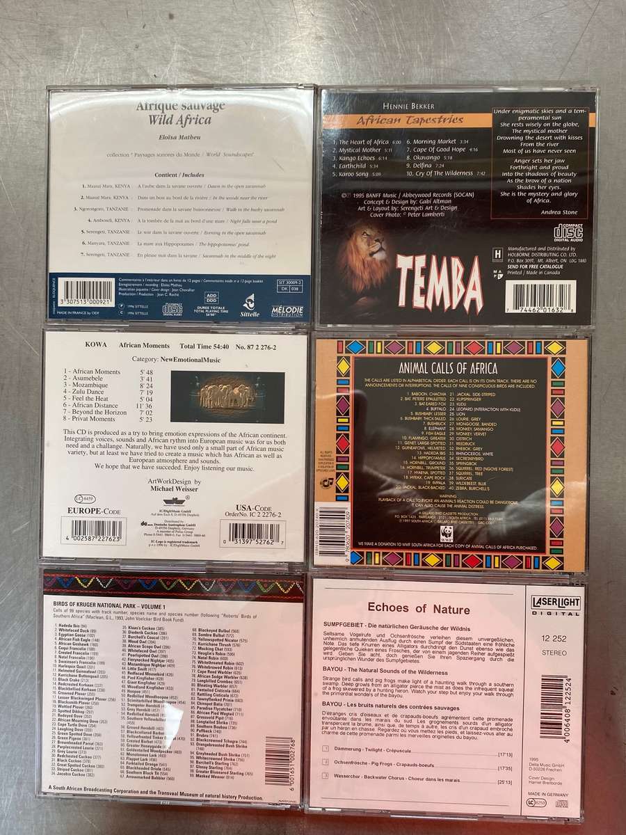 CD lot ( 6 cds) african animal calls, bird call, echoes of nature and african music