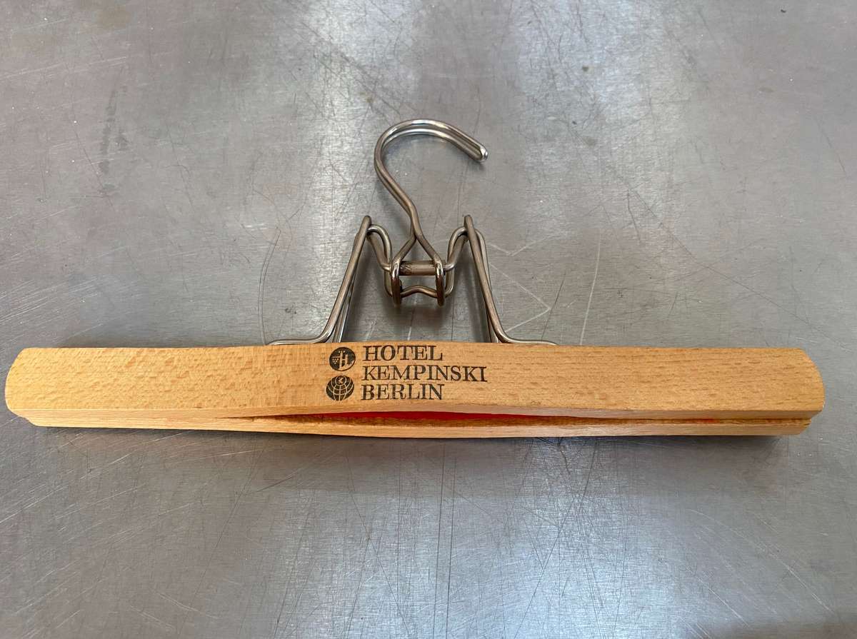 Vintage trouser hangers: hotel kempinsky berlin, DRWZ union 3,vintage wooden suit brush with leather