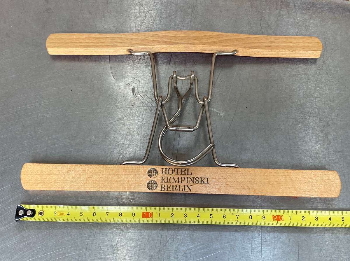 Vintage trouser hangers: hotel kempinsky berlin, DRWZ union 3,vintage wooden suit brush with leather