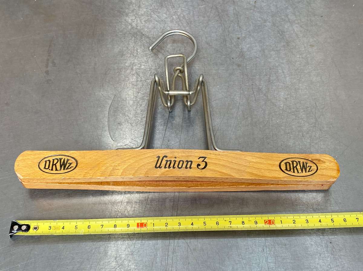 Vintage trouser hangers: hotel kempinsky berlin, DRWZ union 3,vintage wooden suit brush with leather