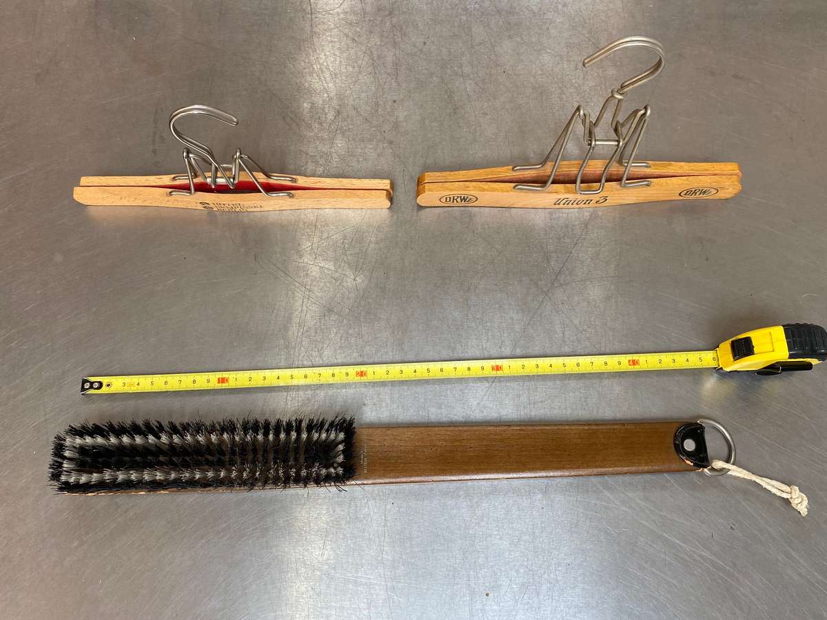 Vintage trouser hangers: hotel kempinsky berlin, DRWZ union 3,vintage wooden suit brush with leather