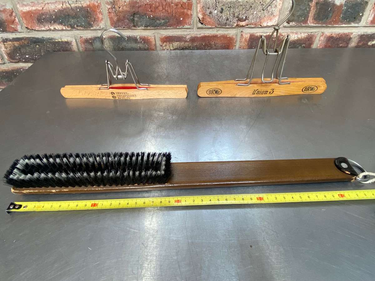 Vintage trouser hangers: hotel kempinsky berlin, DRWZ union 3,vintage wooden suit brush with leather