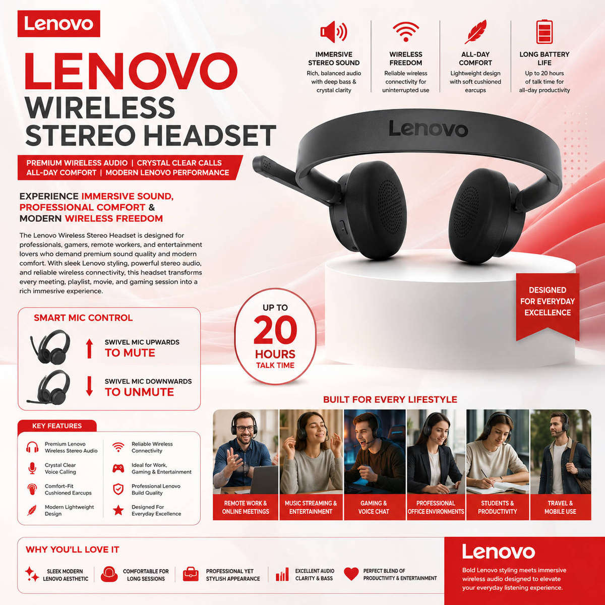 Lenovo Wireless Stereo Headset - Model 4XD1M80020 - Microsoft Teams Certified