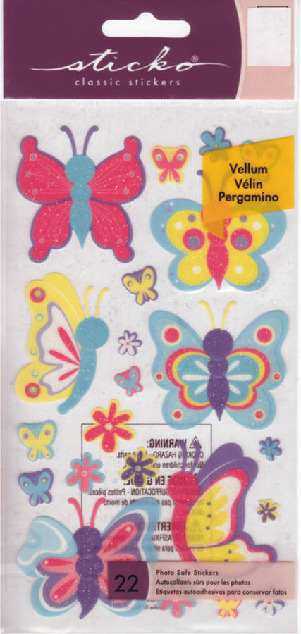 Stickers - EK SUCESS Sticko Classic Range - SPRING BUTTERFLIES (GLITTER)VELLUM  (B1)