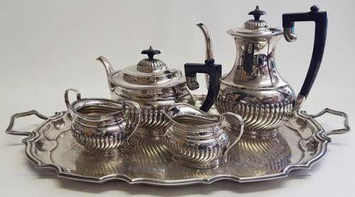 EPNS Teaset including Coffee Pot, Teapot, Milk Jug, Sugar Bowl and Tray made in England as per photo