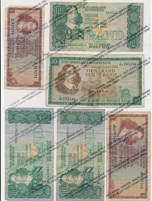 Lot of old S.A. banknotes, some good, 1 torn and taped as per scan