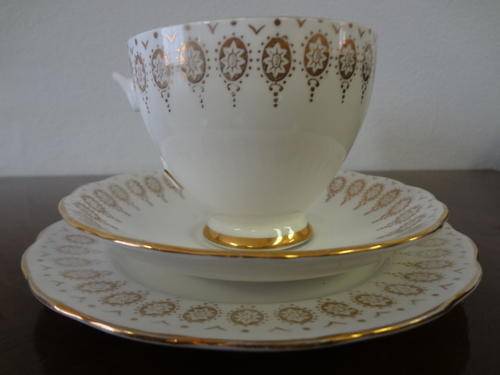 Set of 3, cup, saucer and side plate by Royal Vale as per scan - broken ear on cup