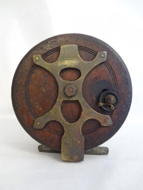 Vintage brass & wood fishing reel - as per photo