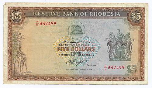 Rhodesia Five Dollar note 1978 - as per scan