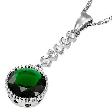 **GORGEOUS ROUND CUT WHITE GOLD GREEN EMERALD PENDANT AND CHAIN**