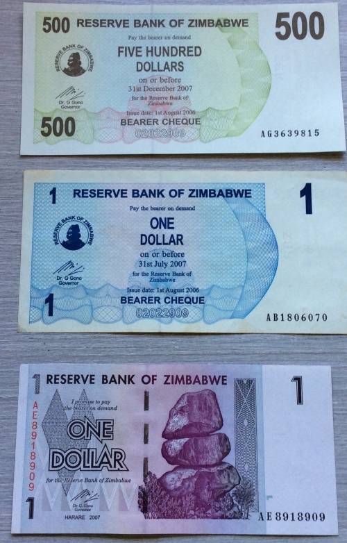 ZIMBABWE DOLLARS X 3 ($1; $1 & $500)