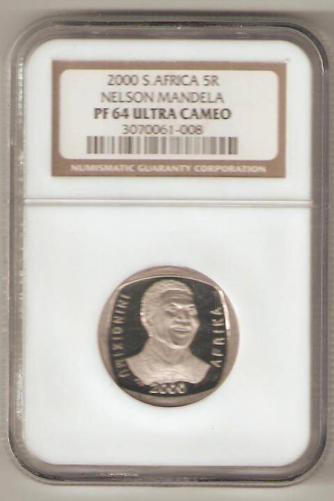 NELSON MANDELA 2000 R5 NGC GRADED PF64 ULTRA CAMEO @ R1 START