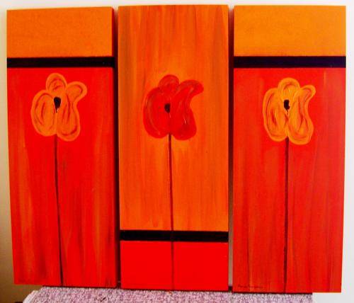 SET OF 3 ABSTRACT PAINTINGS.  ON WOODEN CANVAS BOARDS