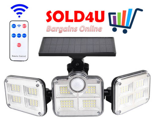 122 LED Solar Motion Sensor Outdoor Rotatable 3 Head Light with Remote 30W