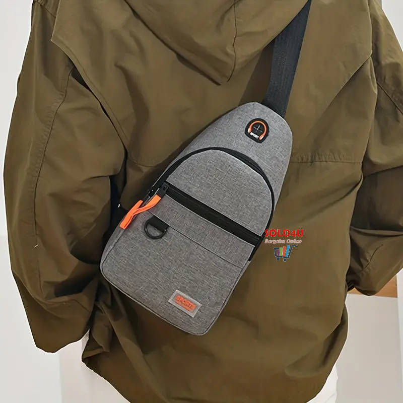 New Chest Bag Single Shoulder Crossbody Bag With Earphone Hole (Grey) Nylon Lightweight Sling Bag