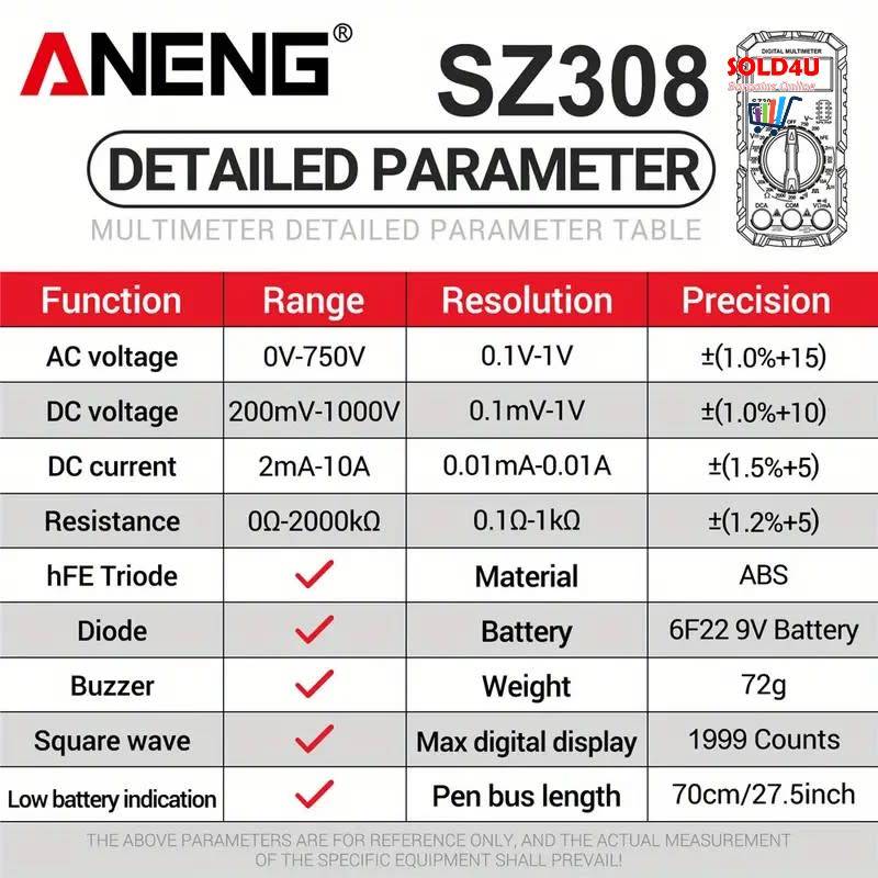 Digital Multimeter AC DC Voltage Resistance Meter Current Meter