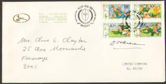 RSA 1989 S.A. RUGBY BOARD SPECIAL FDC SIGNED BY DANIE CRAVEN, SUPERB & RARE.