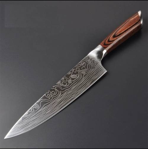 German Stainless Steel Chef Knife With Laser Etched Damascus Pattern