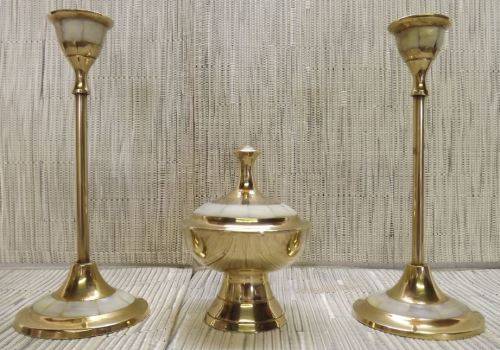 REDUCED BY 25% MOTHER OF PEARL AND SOLID BRASS CANDLE HOLDERS WITH MATCHING TRINKET BOX from SUEZYT