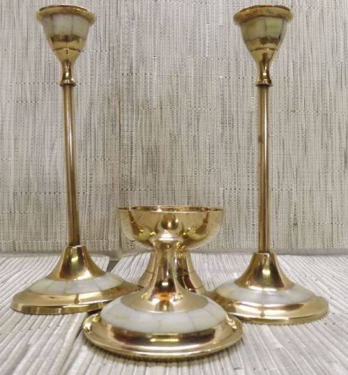 REDUCED BY 25% MOTHER OF PEARL AND SOLID BRASS CANDLE HOLDERS WITH MATCHING TRINKET BOX from SUEZYT