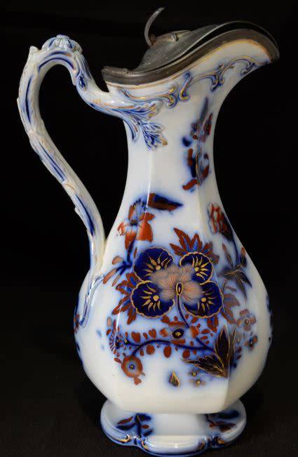 ANTIQUE FLOW BLUE PITCHER WITH PEWTER LID -  from SUEZYT