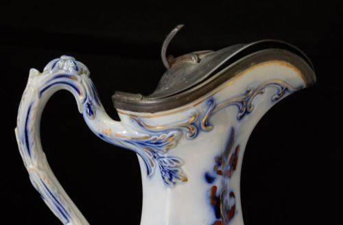 ANTIQUE FLOW BLUE PITCHER WITH PEWTER LID -  from SUEZYT