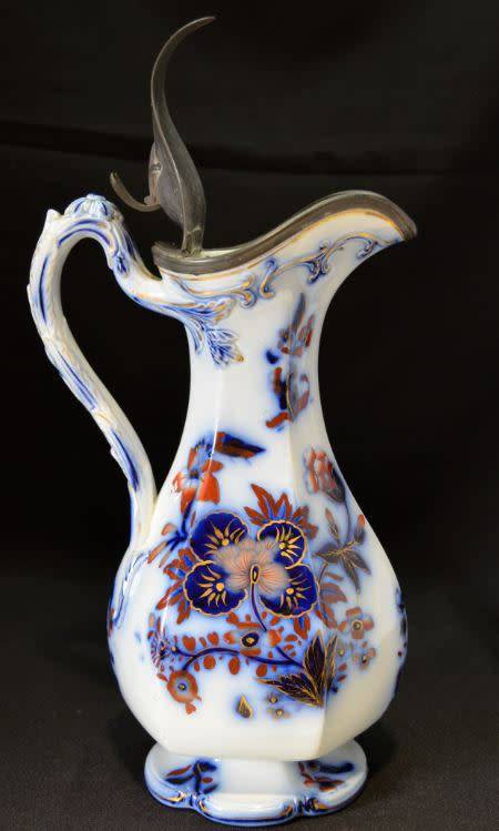 ANTIQUE FLOW BLUE PITCHER WITH PEWTER LID -  from SUEZYT