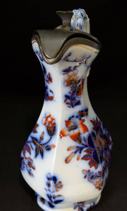 ANTIQUE FLOW BLUE PITCHER WITH PEWTER LID -  from SUEZYT