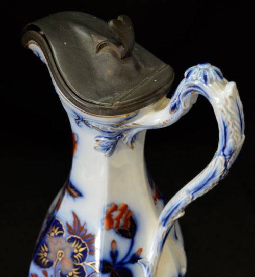 ANTIQUE FLOW BLUE PITCHER WITH PEWTER LID -  from SUEZYT