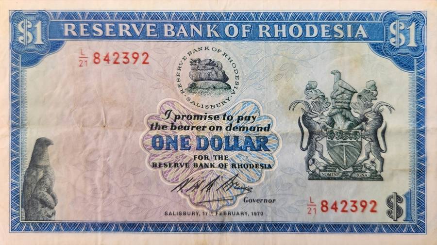 ONE DOLLAR $1  Rhodesia Feb 1970
