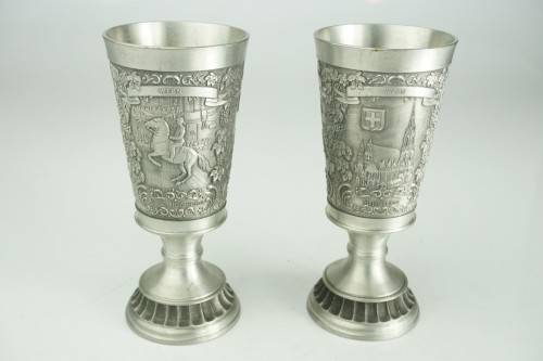 Pair of Zinn-Becker Stuttgart Hand Engraved Pewter German Goblets **Great Condition**