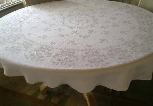 Large round vintage Damask tablecloth with fleur de lis and shamrocks