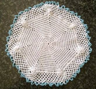 Vintage glass beaded cotton crochet doilie with pale blue seed beads