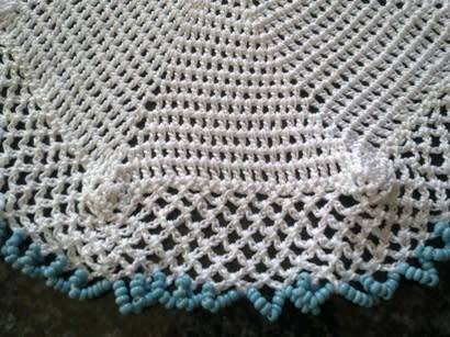 Vintage glass beaded cotton crochet doilie with pale blue seed beads