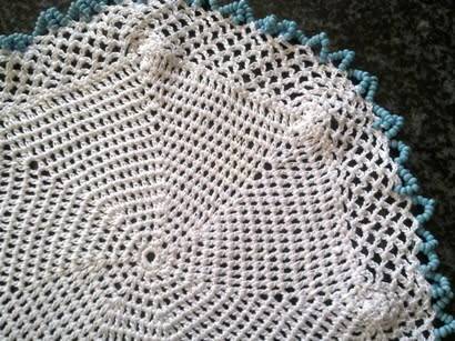 Vintage glass beaded cotton crochet doilie with pale blue seed beads