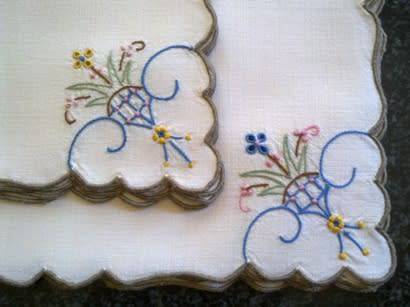 Eight lovely vintage hand embroidered linen lunch napkins