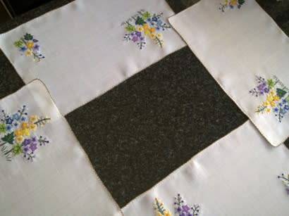 Elegant vintage fine linen hand embroidered placemats x 5
