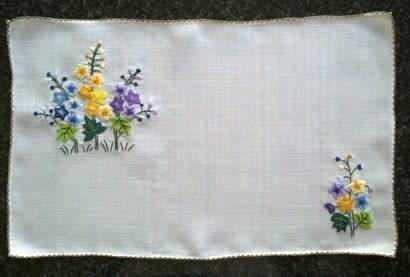 Elegant vintage fine linen hand embroidered placemats x 5