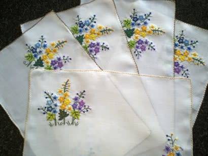 Elegant vintage fine linen hand embroidered placemats x 5